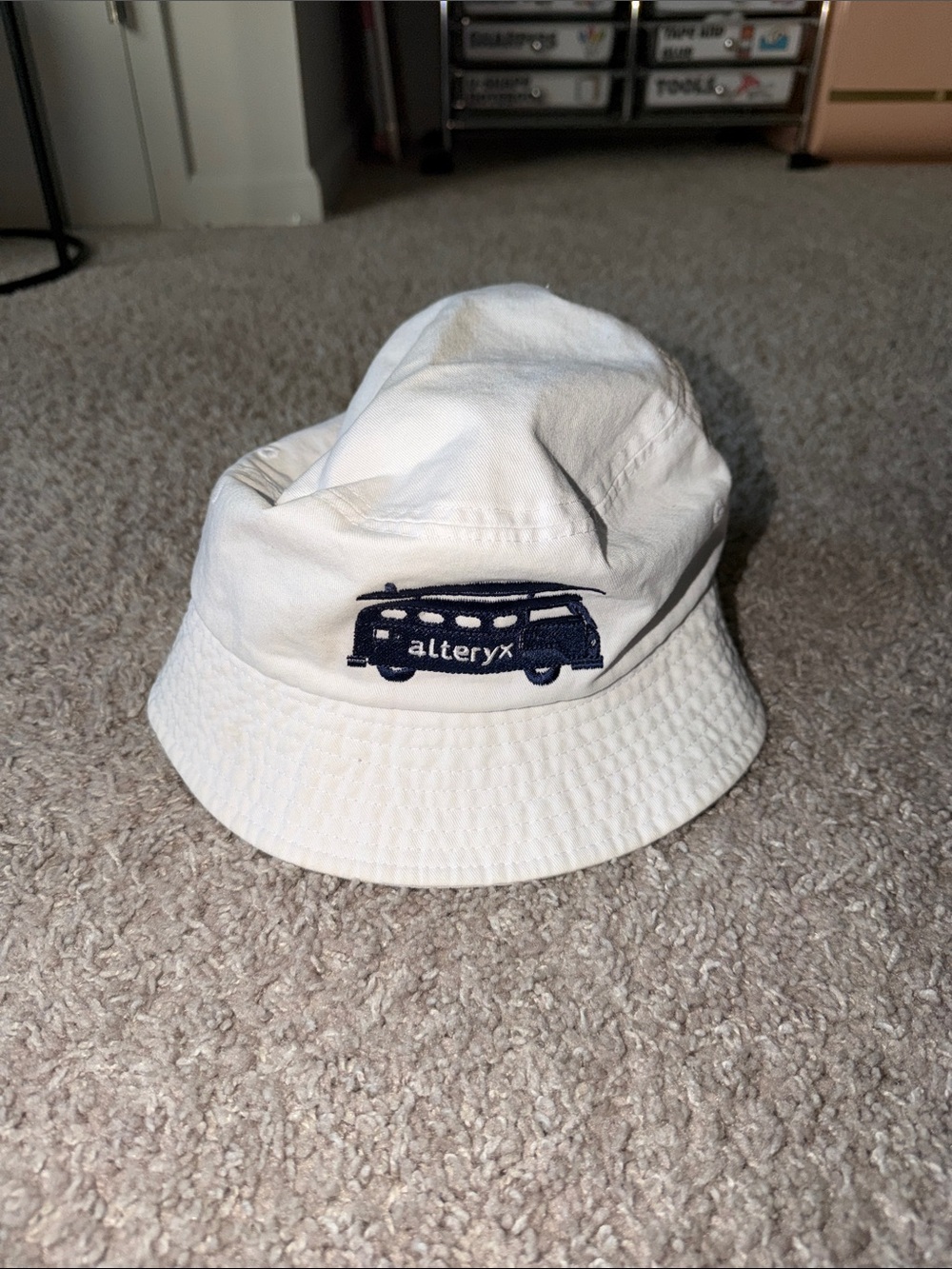 White Bucket Hat with Navy Van Embroidery